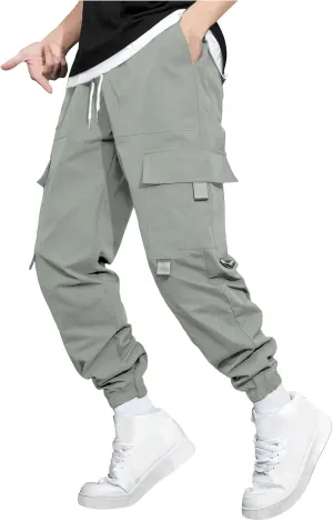 Men's Casual Work Pants with Drawstring Multi-Pocket Casual Straight Fit Pants