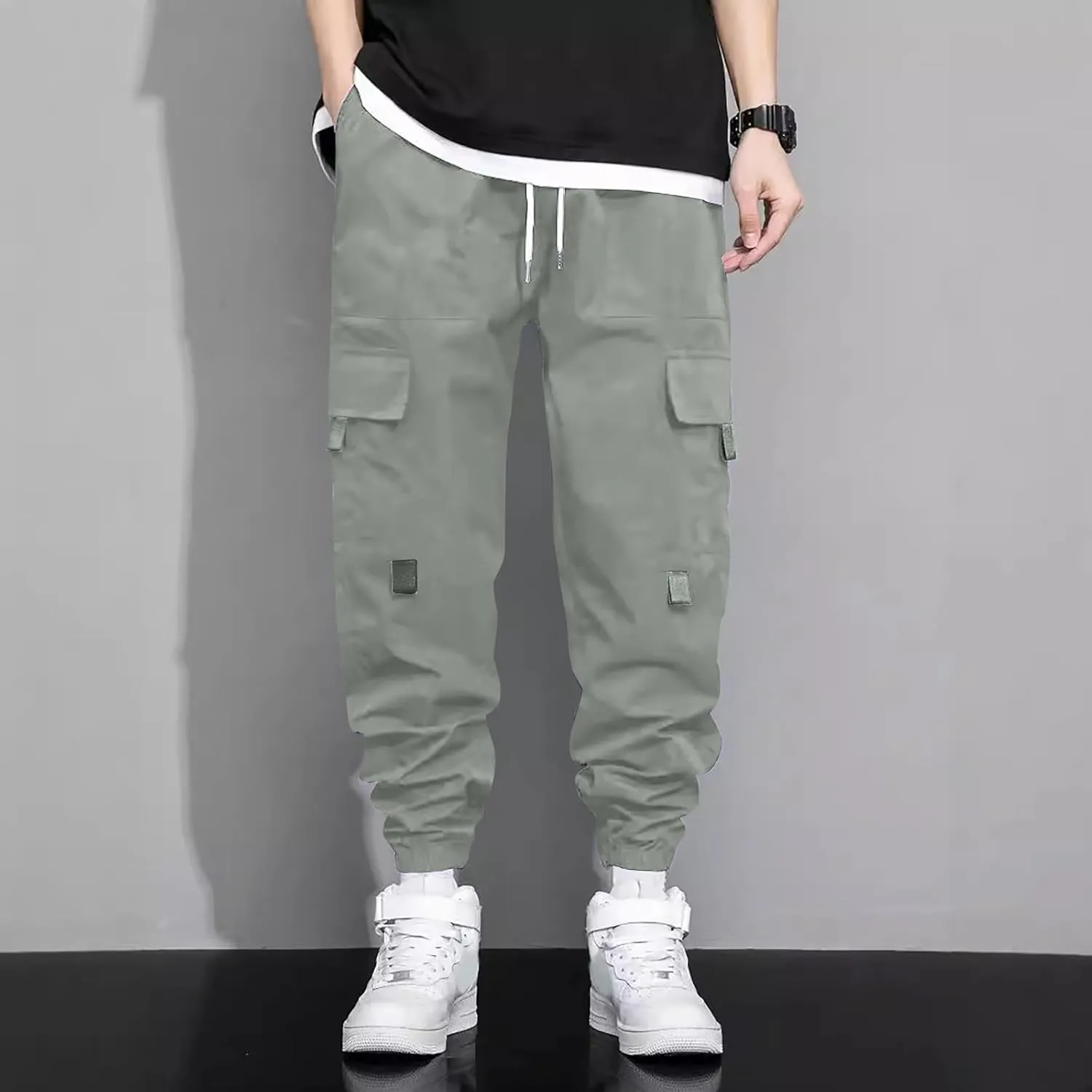 Men's Casual Work Pants with Drawstring Multi-Pocket Casual Straight Fit Pants