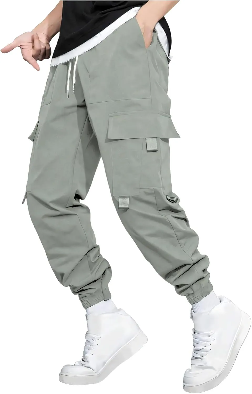 Men's Casual Work Pants with Drawstring Multi-Pocket Casual Straight Fit Pants