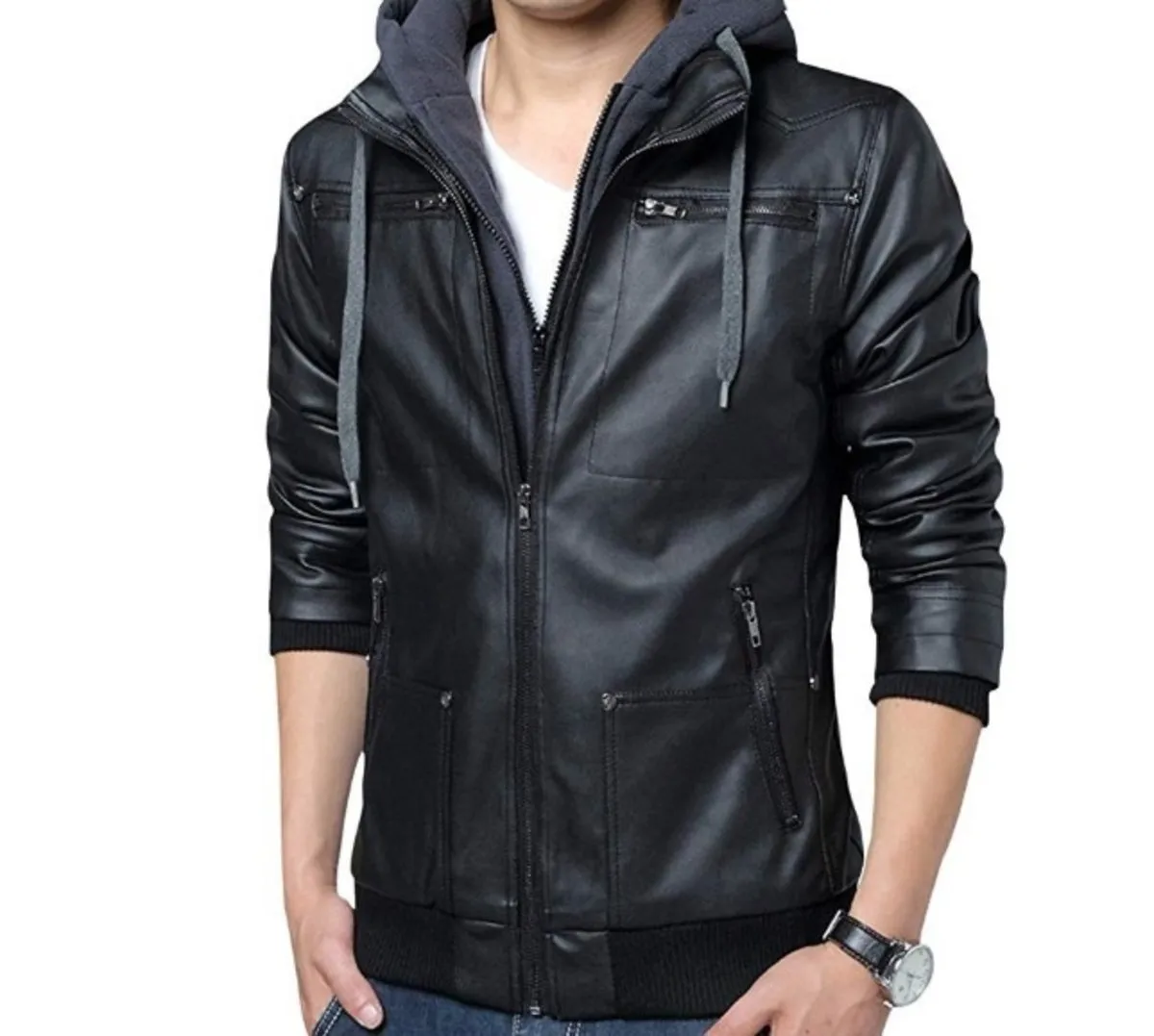 Mens Hooded Faux Leather Biker Jacket