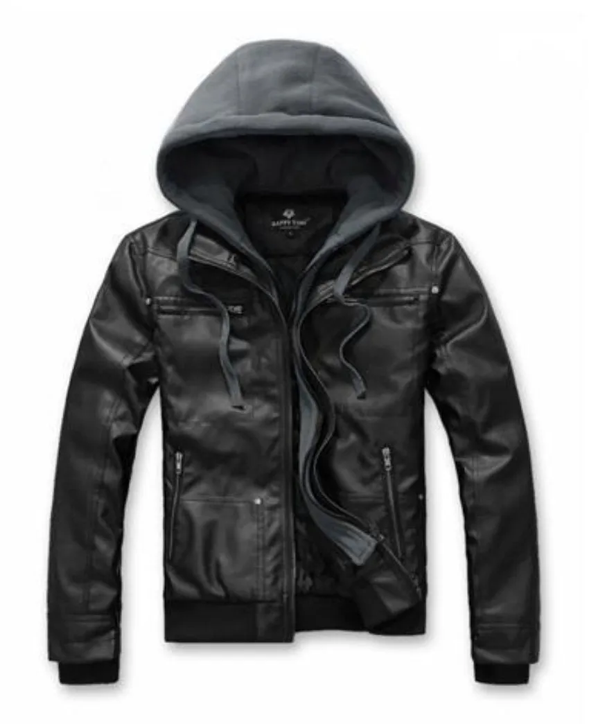 Mens Hooded Faux Leather Biker Jacket
