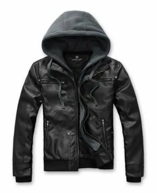 Mens Hooded Faux Leather Biker Jacket