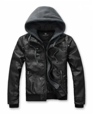 Mens Hooded Faux Leather Biker Jacket