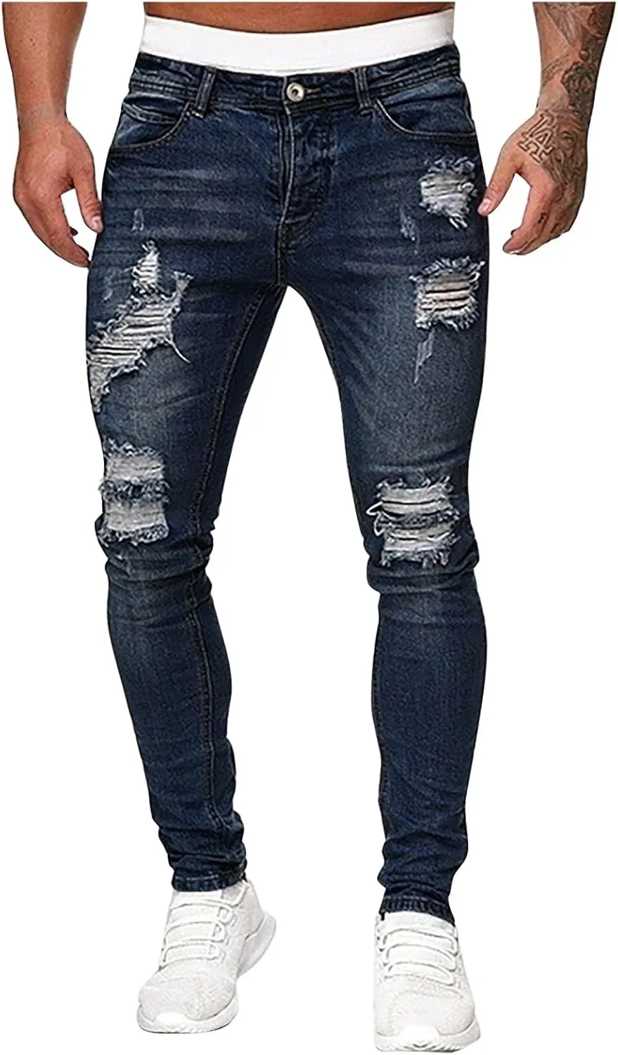 Men's Ripped Pants Distressed Destroyed Jeans Slim Fit Leg Skinny Stretch Denim Pants