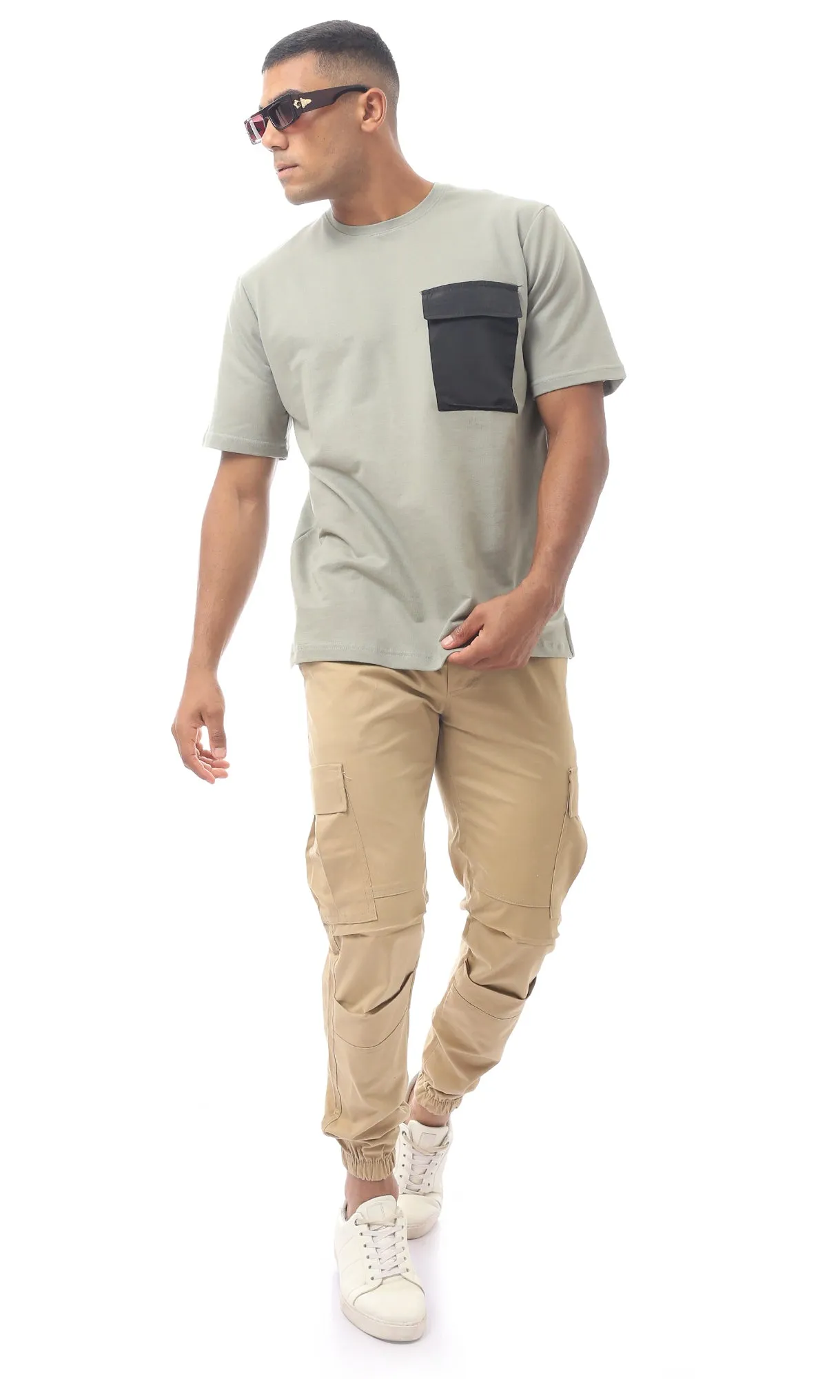 O170297 Olive Green Slip On Rounded Neck Tee