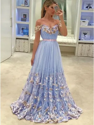 Off the Shoulder Blue Lace Prom Dresses, Off Shoulder Blue Lace Floral Formal Evening Dresses