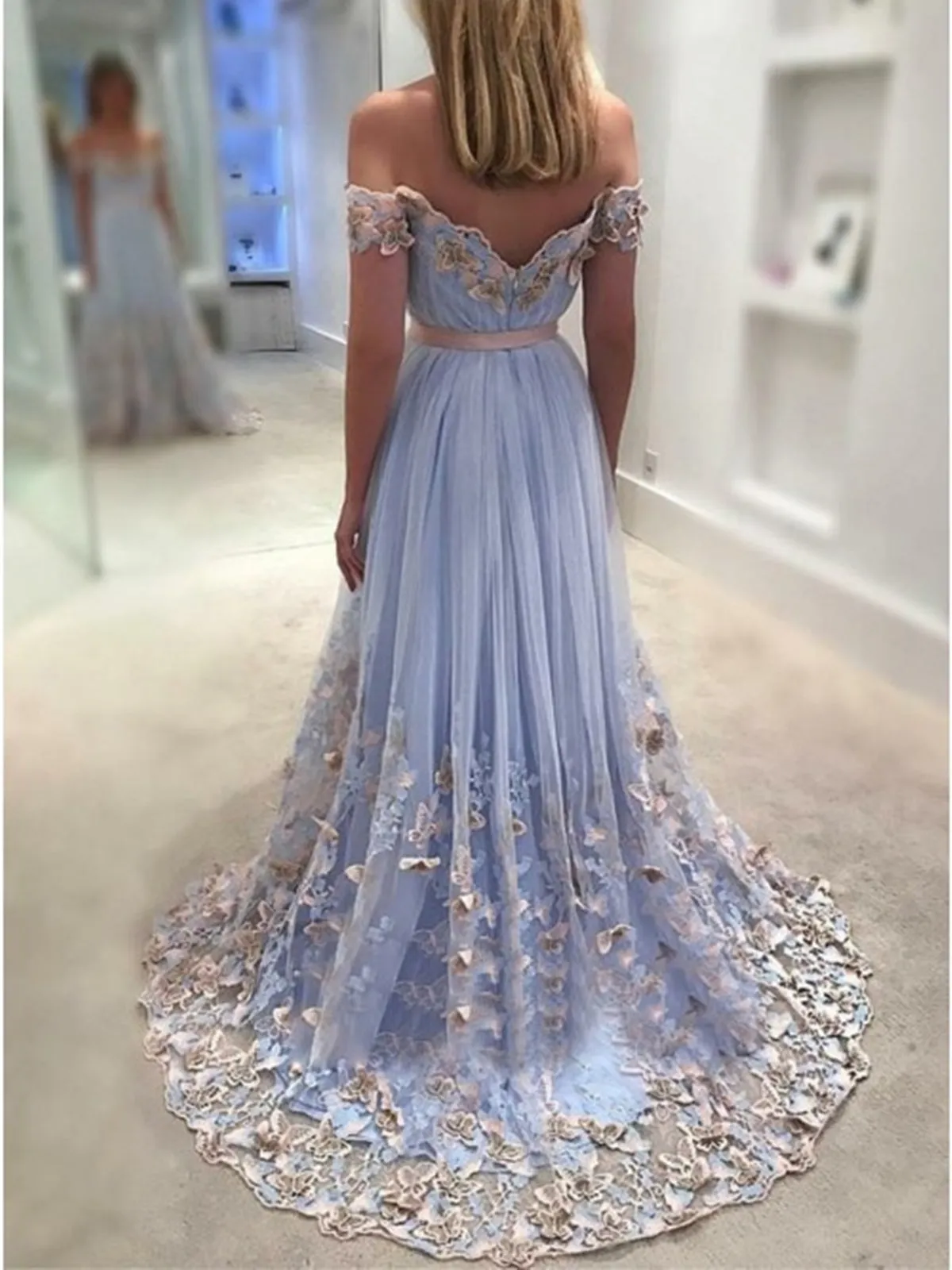Off the Shoulder Blue Lace Prom Dresses, Off Shoulder Blue Lace Floral Formal Evening Dresses