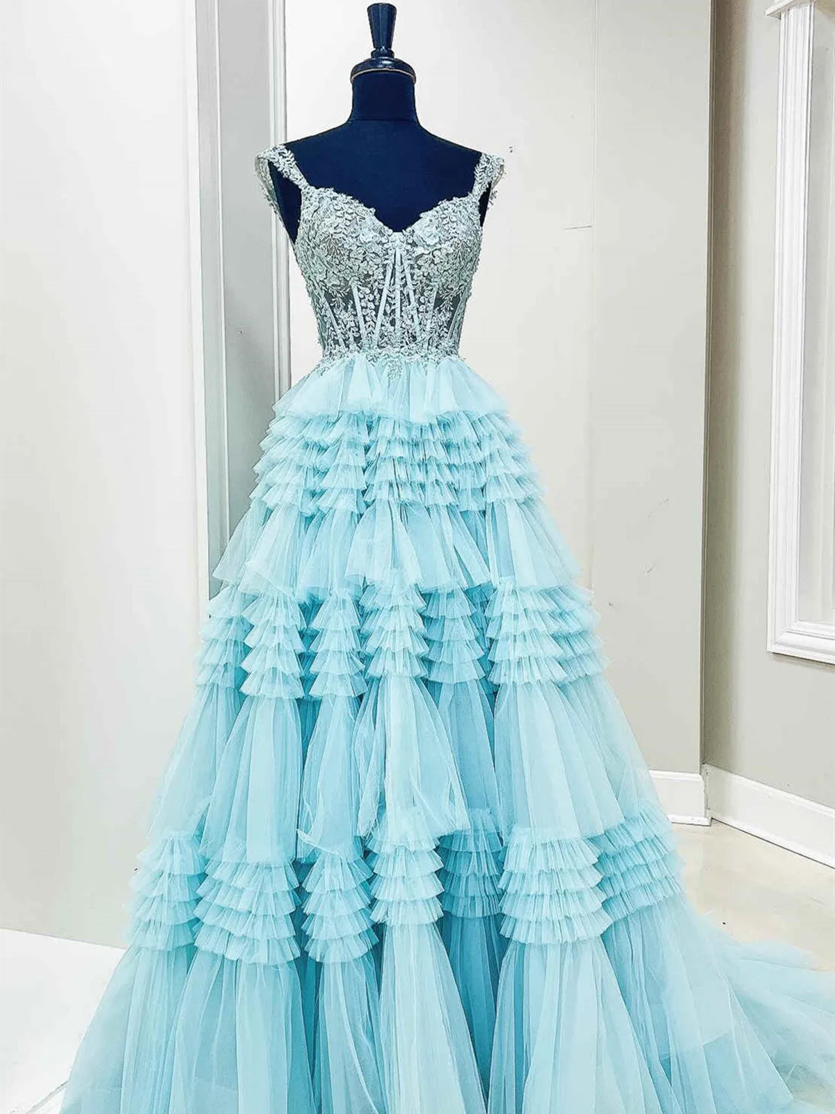 Off the Shoulder Purple Blue Layered Lace Prom Dresses, Off Shoulder Purple Blue Layered Lace Formal Evening Dresses