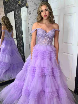 Off the Shoulder Purple Blue Layered Lace Prom Dresses, Off Shoulder Purple Blue Layered Lace Formal Evening Dresses