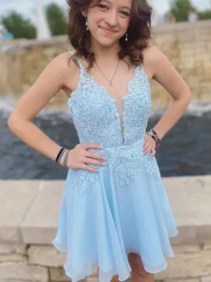 Open Back V Neck Light Blue Lace Prom Dresses, Light Blue Lace Homecoming Dresses, Light Blue Formal Graduation Evening Dresses