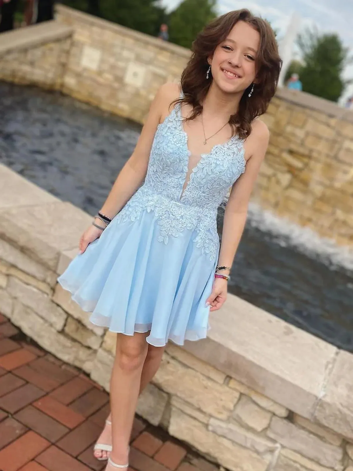 Open Back V Neck Light Blue Lace Prom Dresses, Light Blue Lace Homecoming Dresses, Light Blue Formal Graduation Evening Dresses