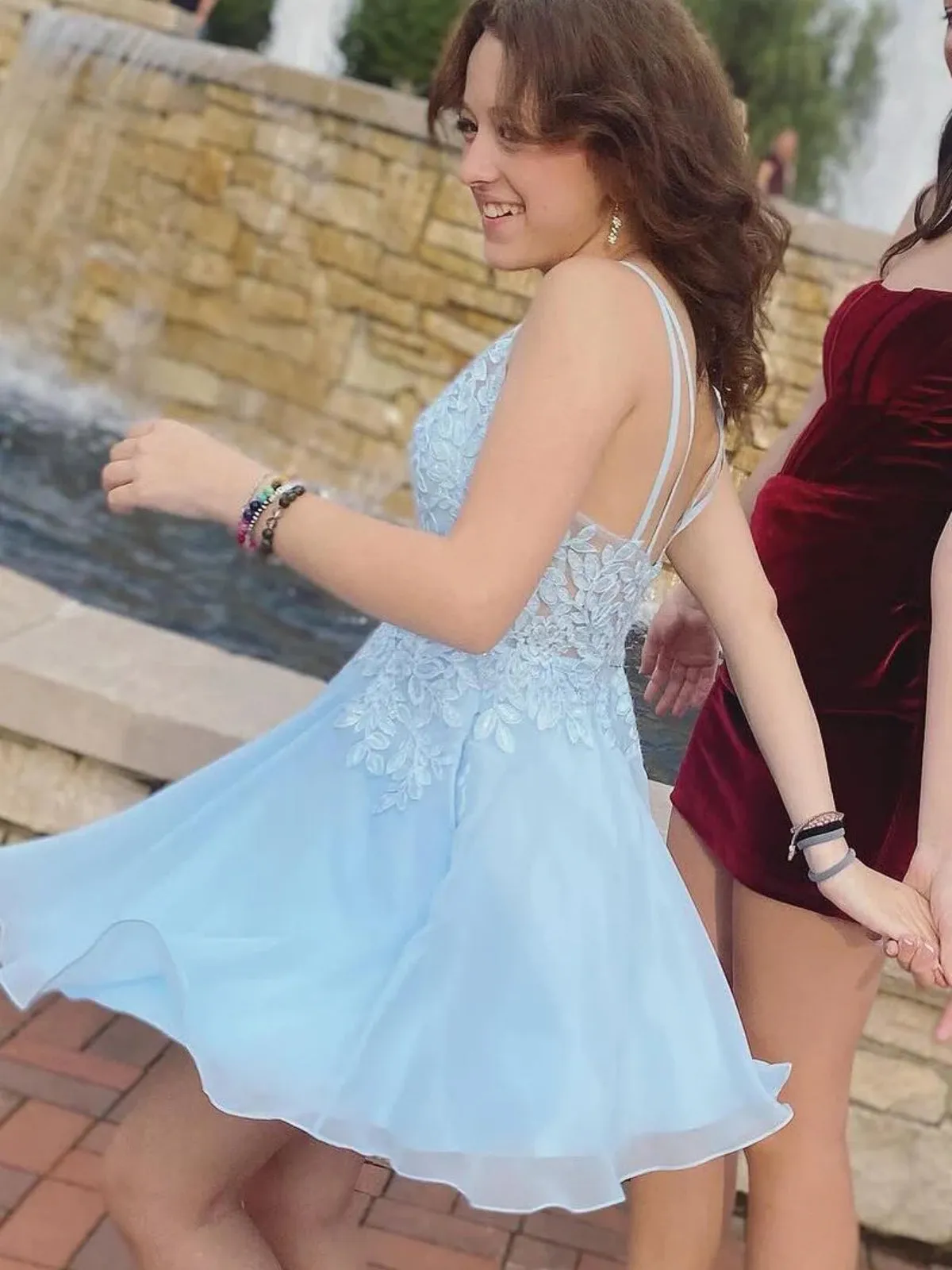 Open Back V Neck Light Blue Lace Prom Dresses, Light Blue Lace Homecoming Dresses, Light Blue Formal Graduation Evening Dresses