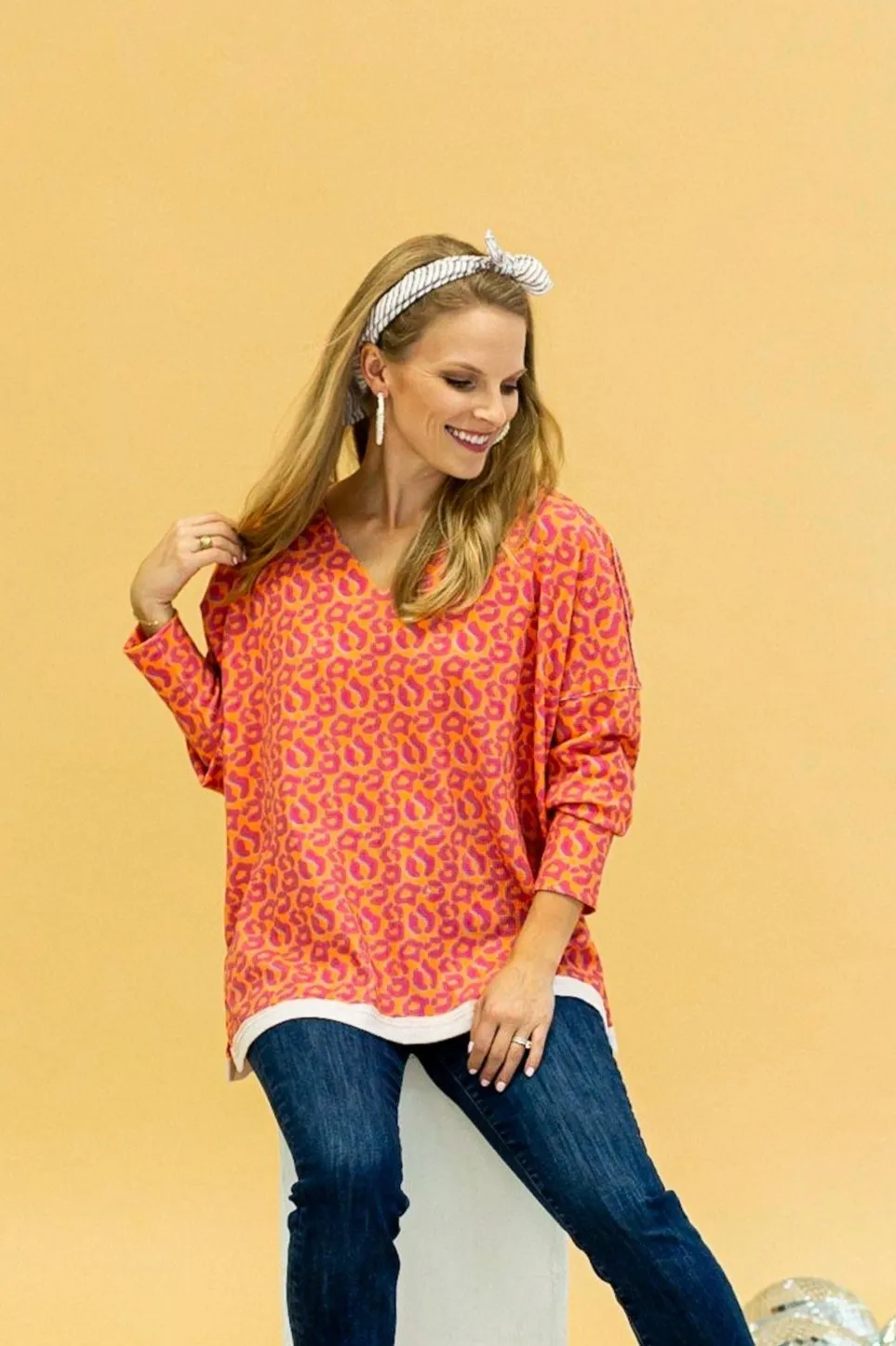Pretty Pleased Waffle Knit Top in Orange Leopard