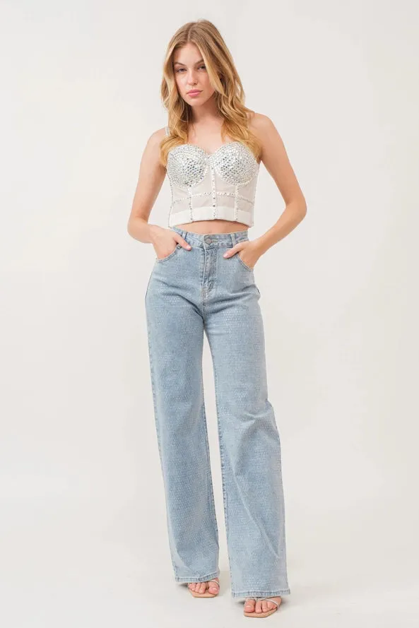 Rhinestone Hotfix Stretch Denim Pants