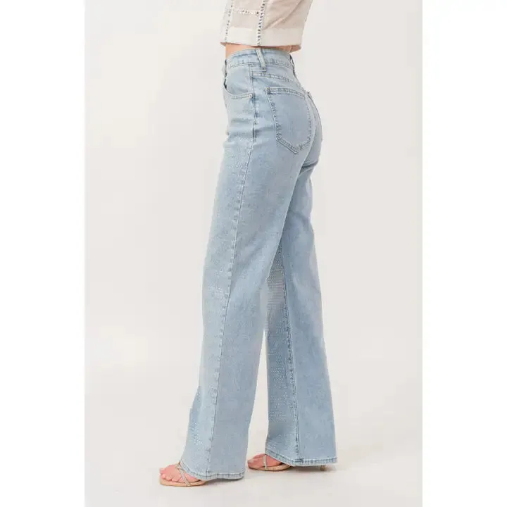 Rhinestone Hotfix Stretch Denim Pants