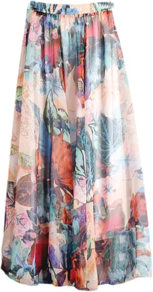 SANGTREE Women's Chiffon Boho Elastic Waist Floral Print Maxi Skirts