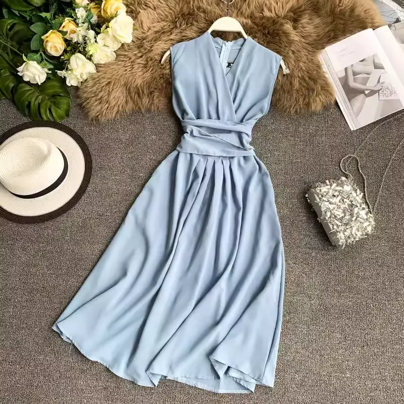 Sexy V Neck Sleeveless Dress Mid Length Chiffon Summer Skirt  1232