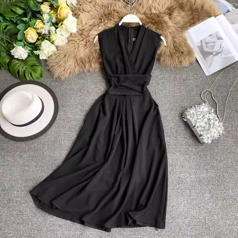 Sexy V Neck Sleeveless Dress Mid Length Chiffon Summer Skirt  1232