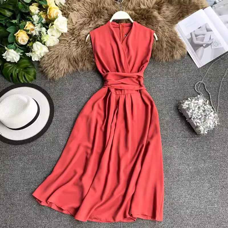 Sexy V Neck Sleeveless Dress Mid Length Chiffon Summer Skirt  1232