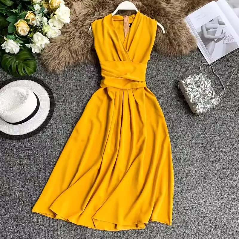 Sexy V Neck Sleeveless Dress Mid Length Chiffon Summer Skirt  1232