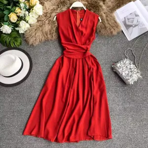 Sexy V Neck Sleeveless Dress Mid Length Chiffon Summer Skirt  1232