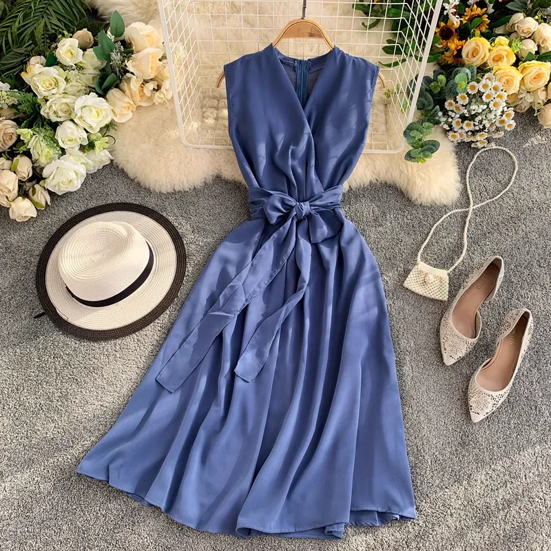 Sexy V Neck Sleeveless Dress Mid Length Chiffon Summer Skirt  1232