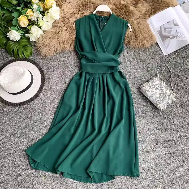 Sexy V Neck Sleeveless Dress Mid Length Chiffon Summer Skirt  1232