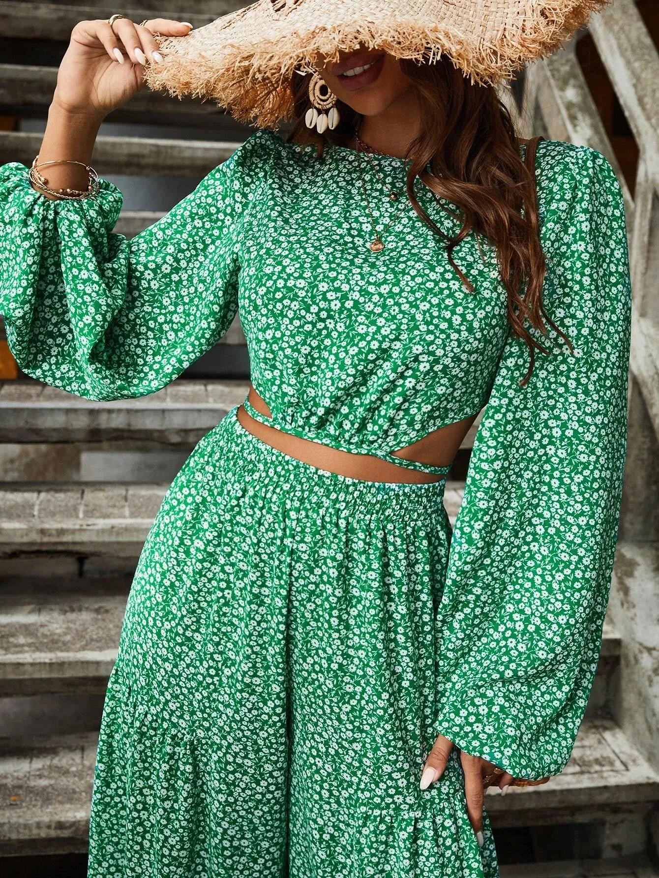 SHEIN Ditsy Floral Lantern Sleeve Cut Out Tie Back Crop Blouse