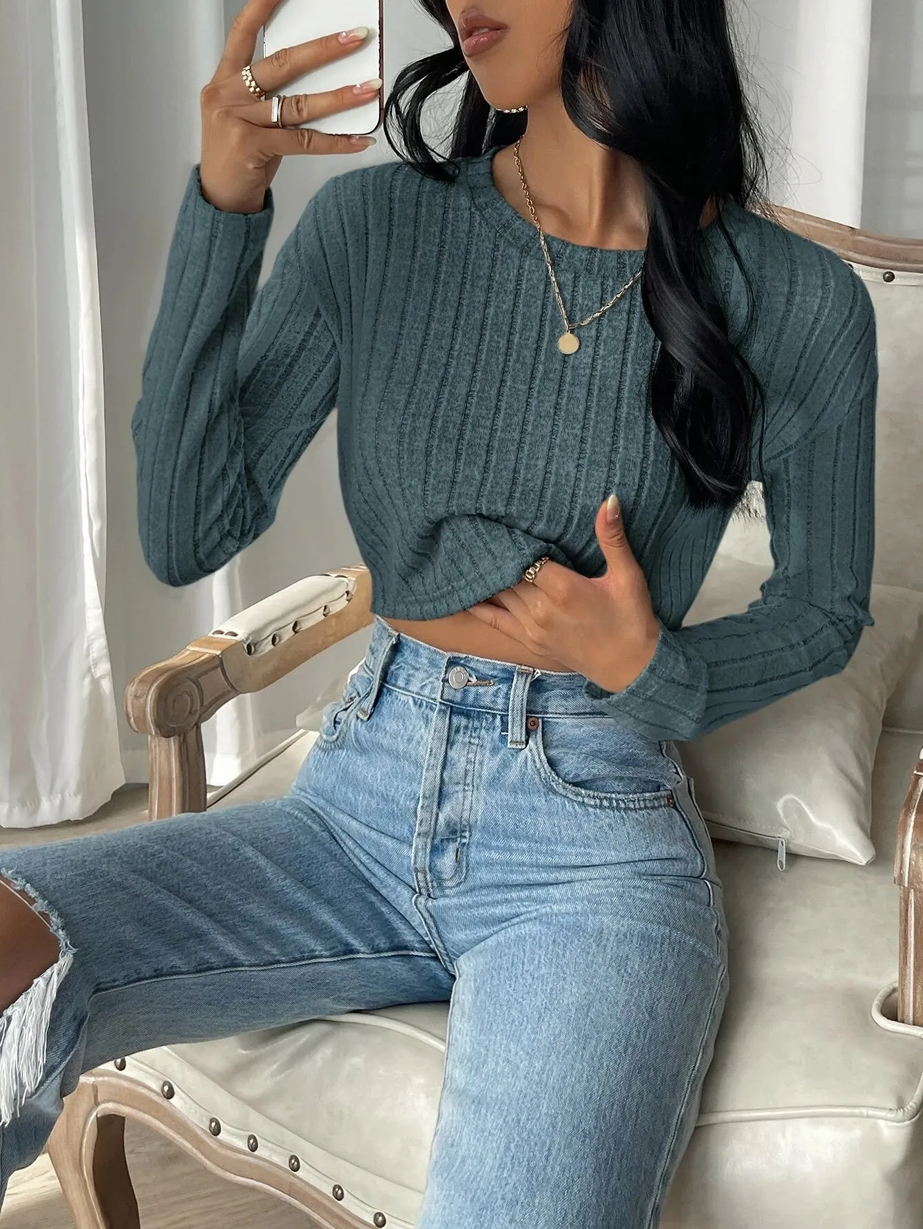 SHEIN EZwear Solid Rib-Knit Crop Tee