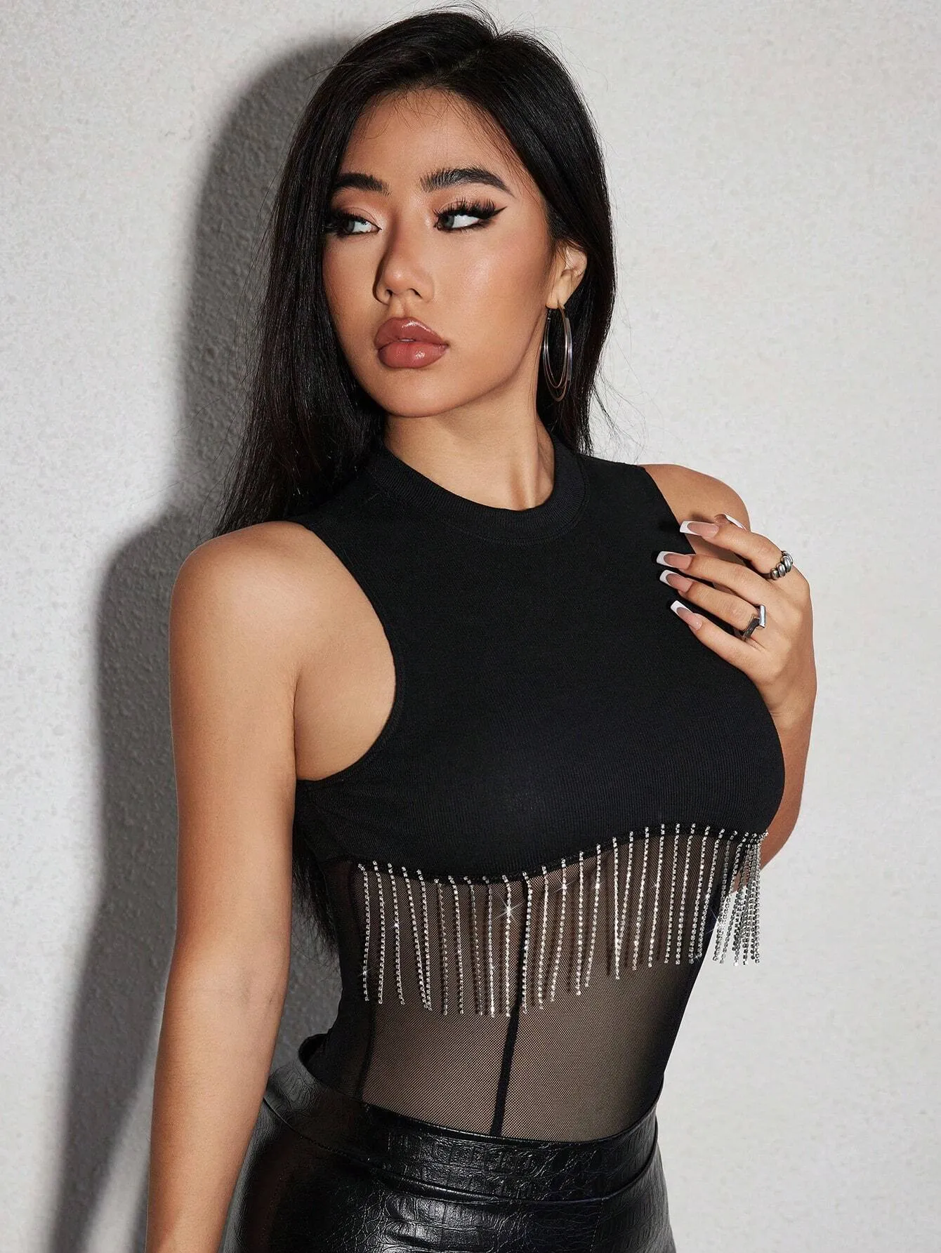 SHEIN SXY Rhinestone Fringe Trim Mesh Insert Bodysuit
