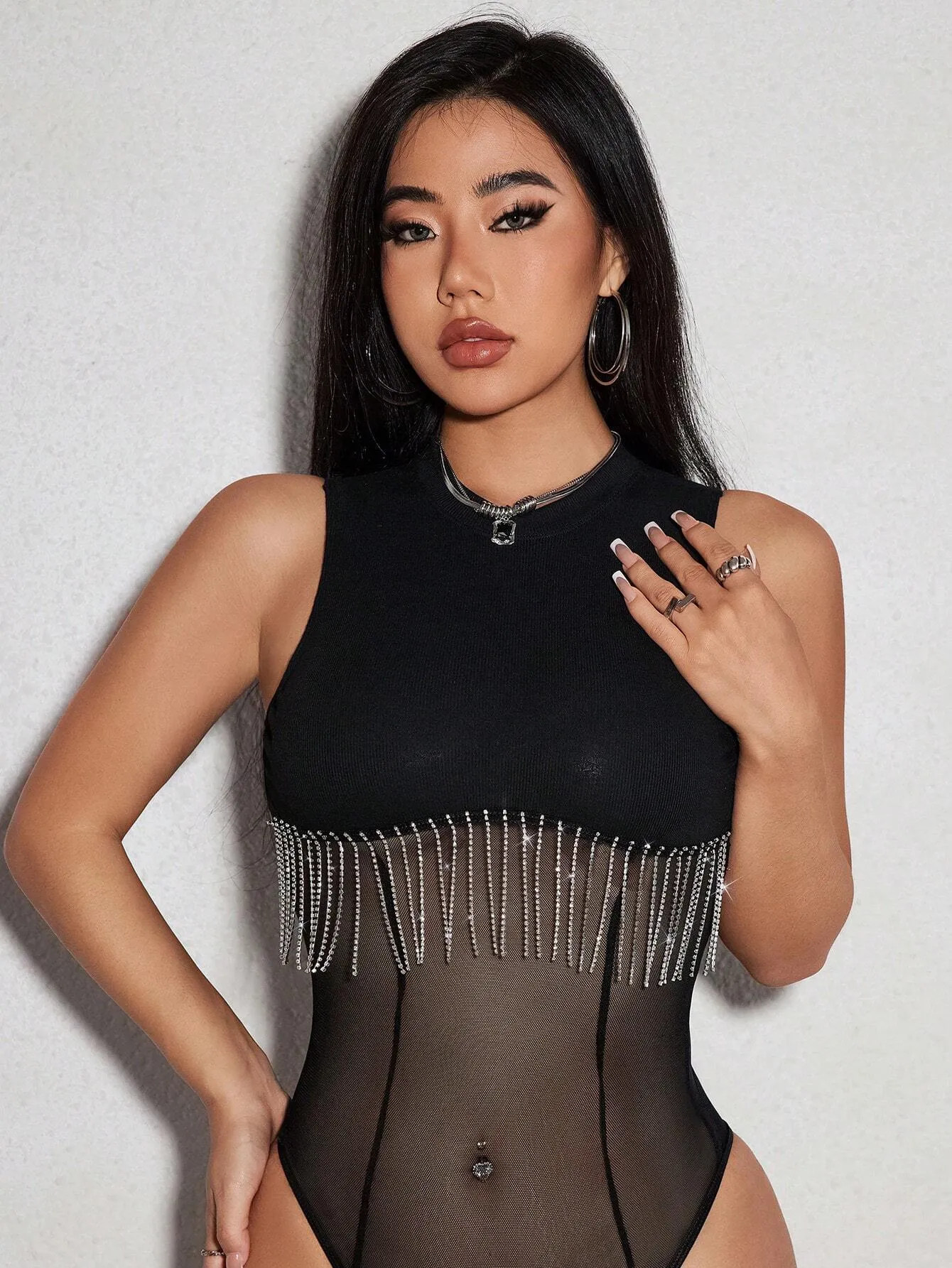 SHEIN SXY Rhinestone Fringe Trim Mesh Insert Bodysuit