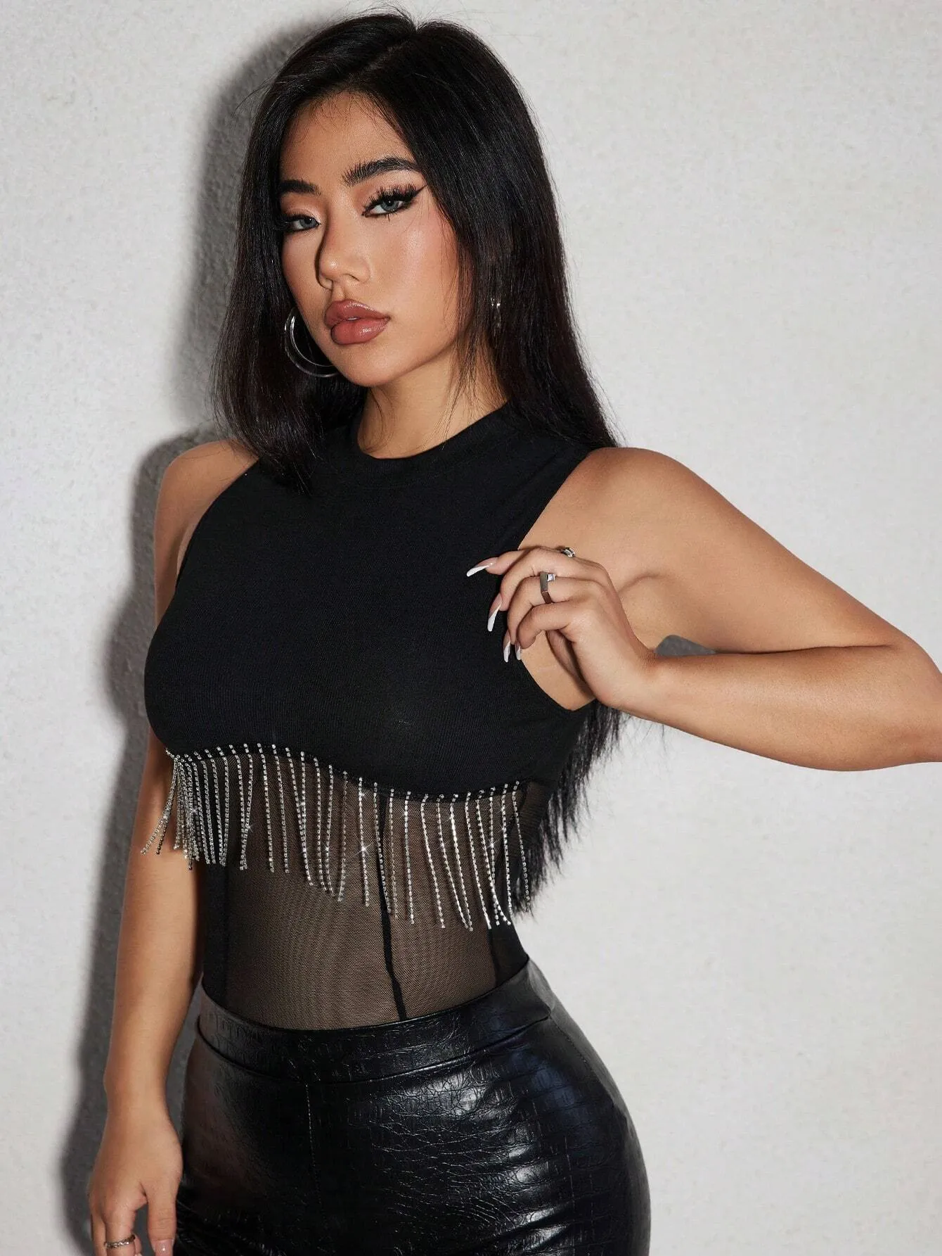 SHEIN SXY Rhinestone Fringe Trim Mesh Insert Bodysuit