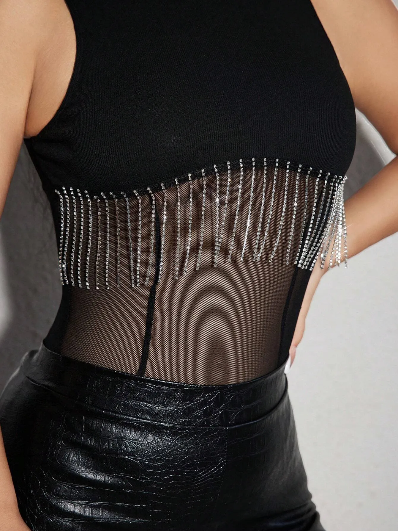 SHEIN SXY Rhinestone Fringe Trim Mesh Insert Bodysuit