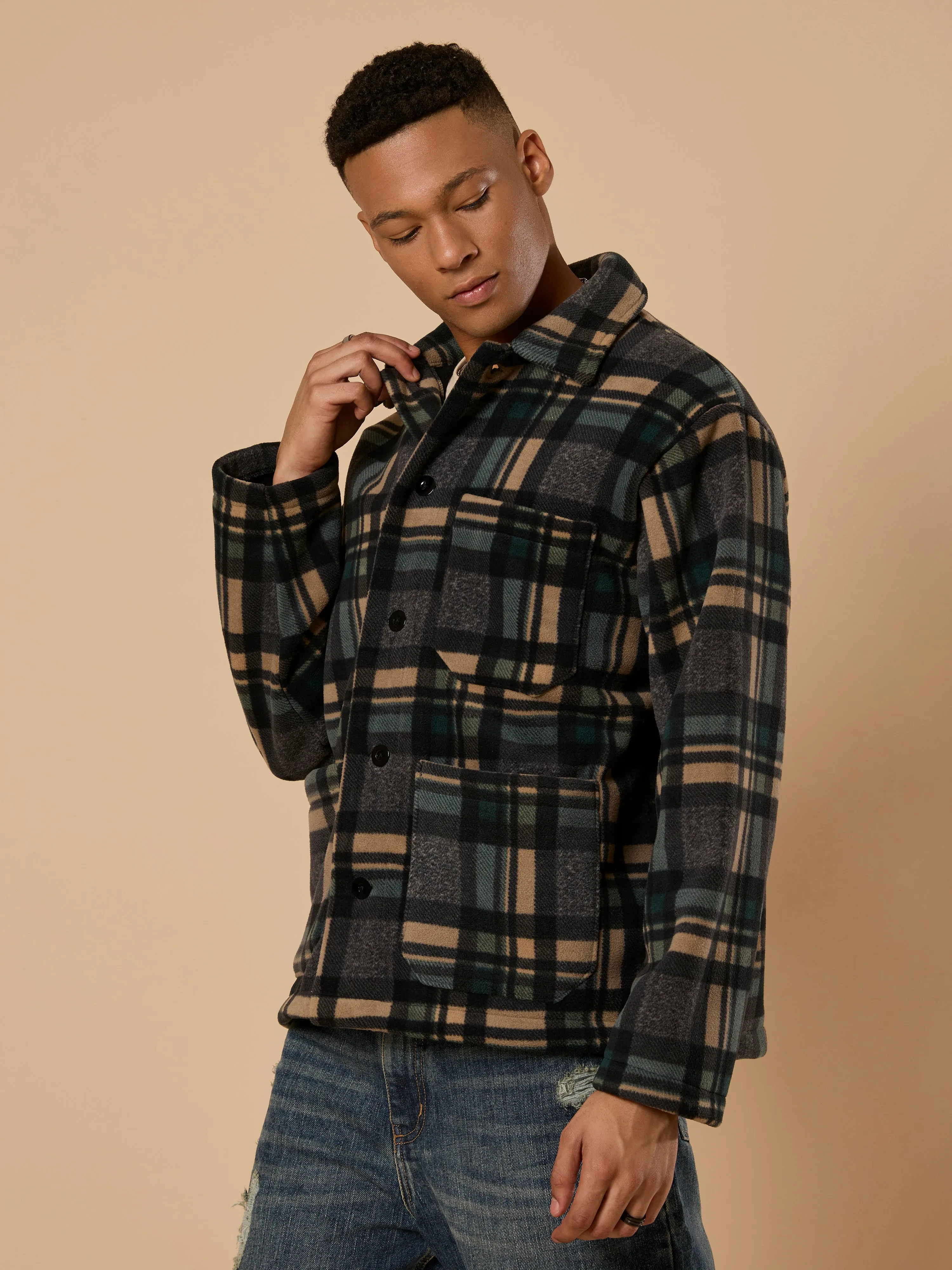 Sherly - Relaxed checked Fleece Shacket - Charcoal