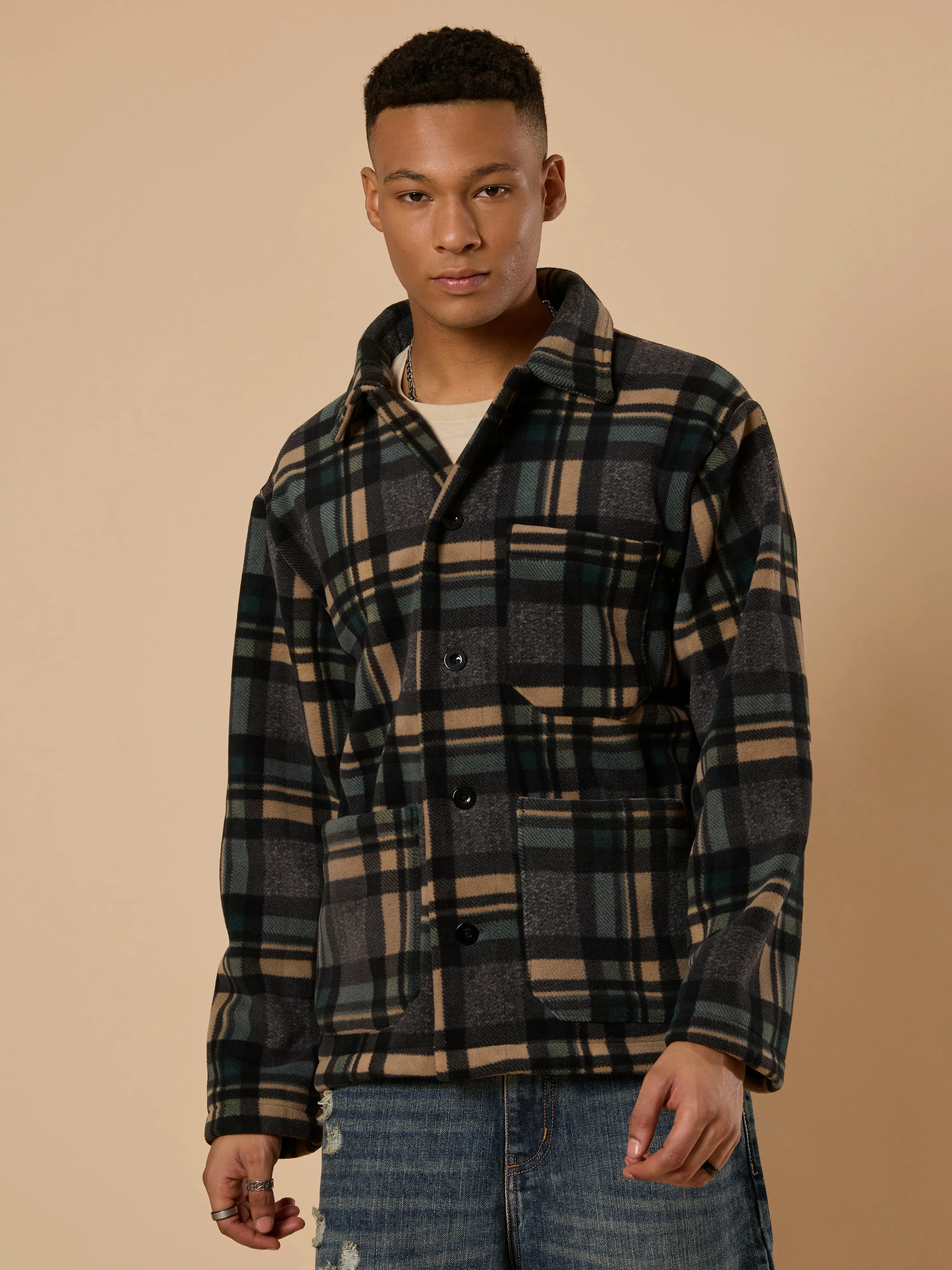 Sherly - Relaxed checked Fleece Shacket - Charcoal