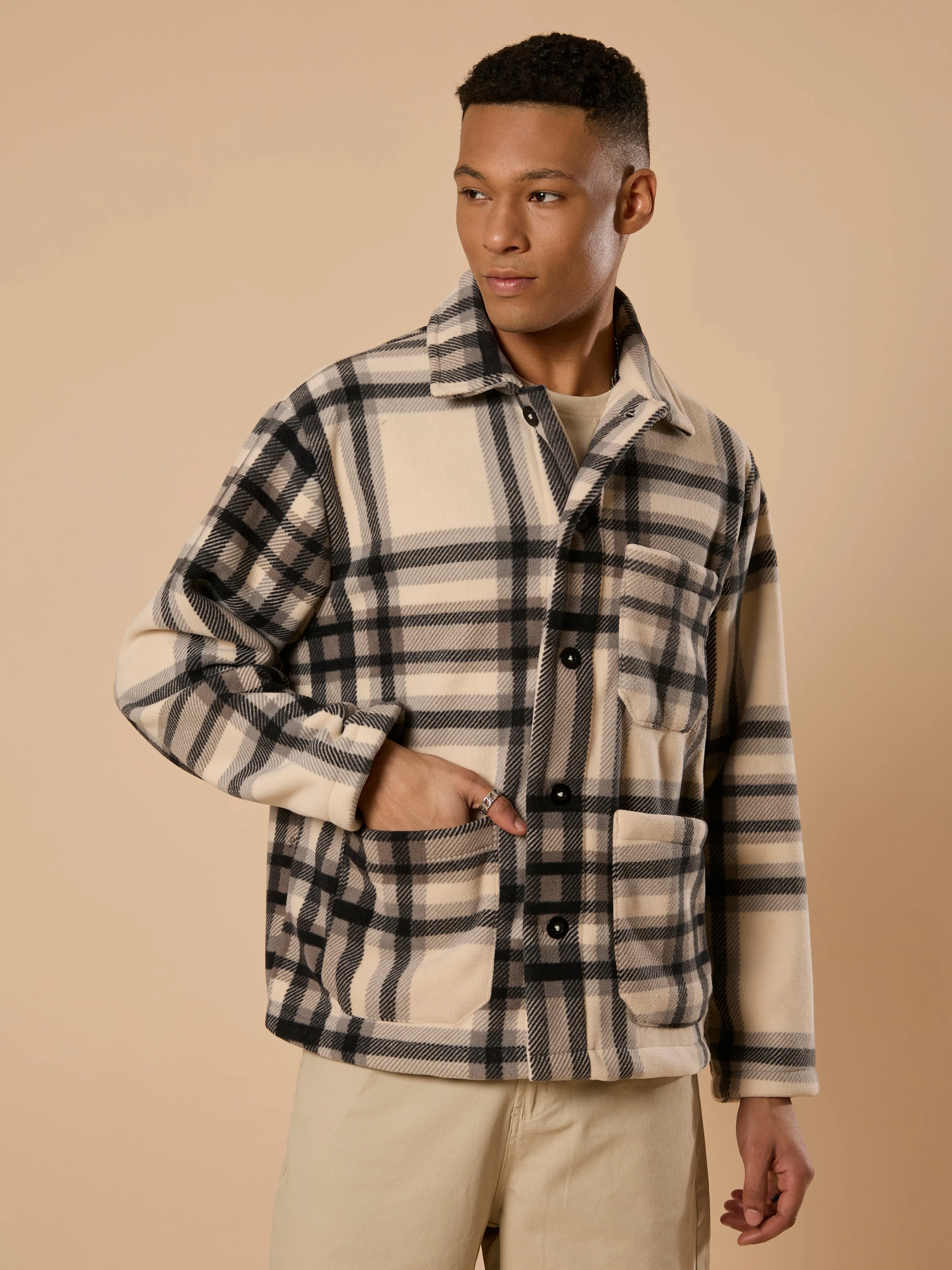 Sherly - Relaxed checked Fleece Shacket - Off Black