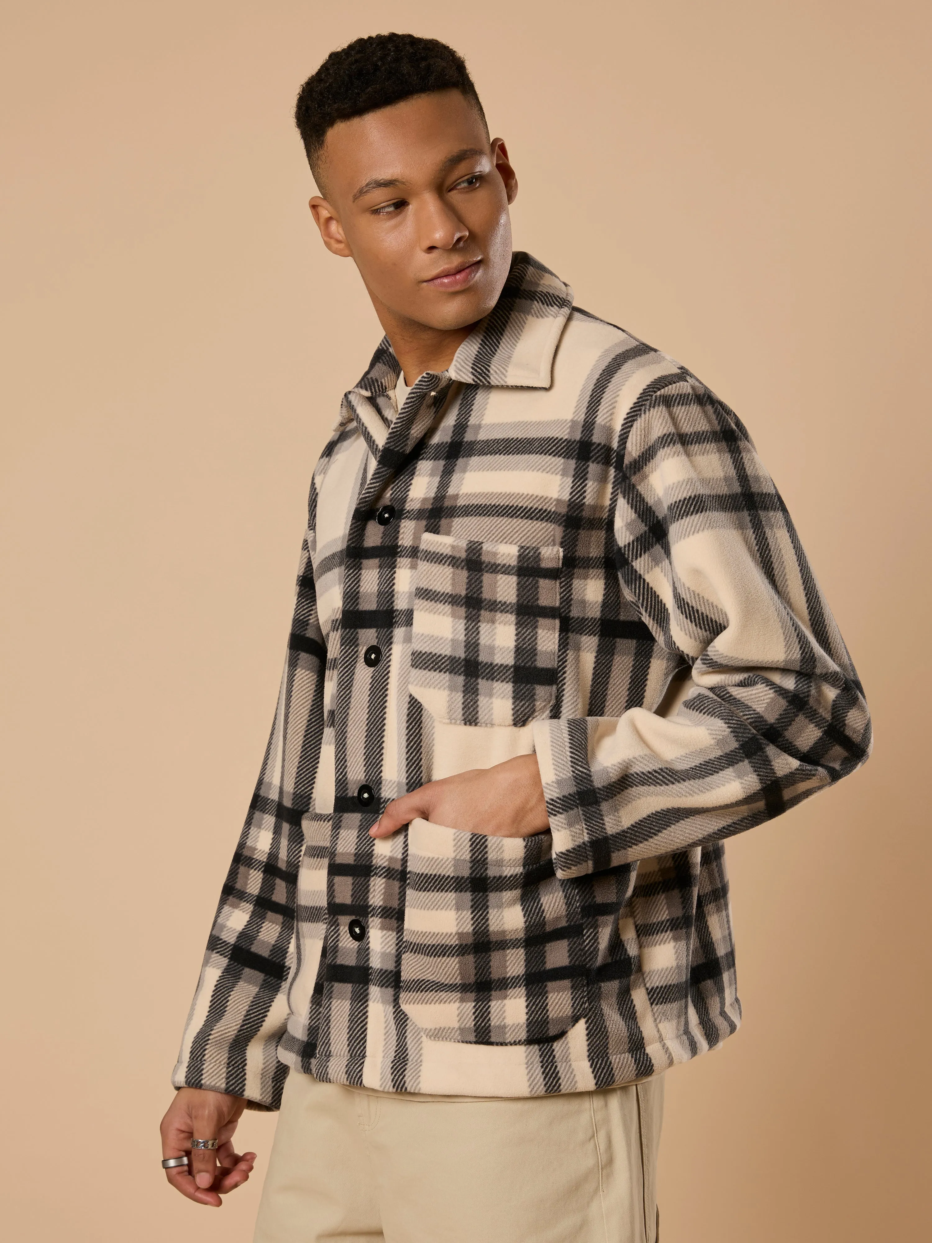 Sherly - Relaxed checked Fleece Shacket - Off Black