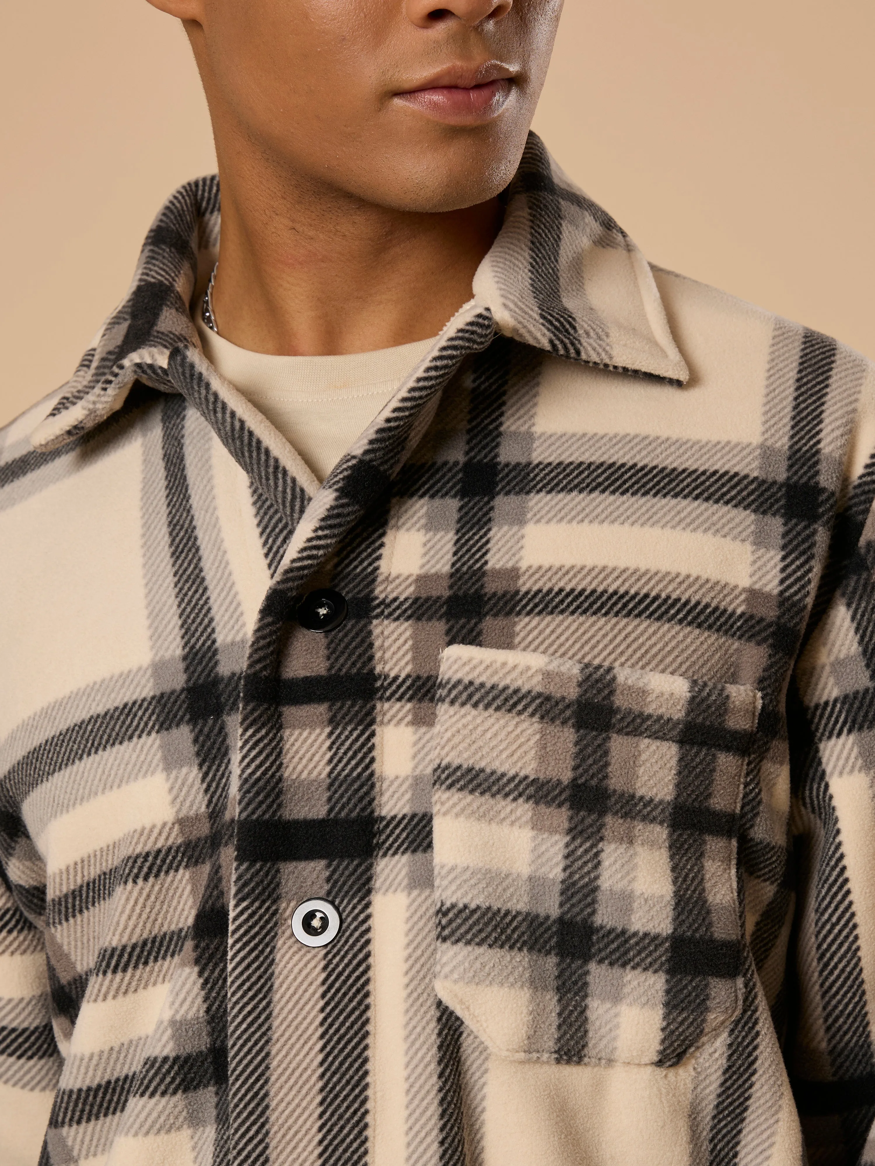 Sherly - Relaxed checked Fleece Shacket - Off Black