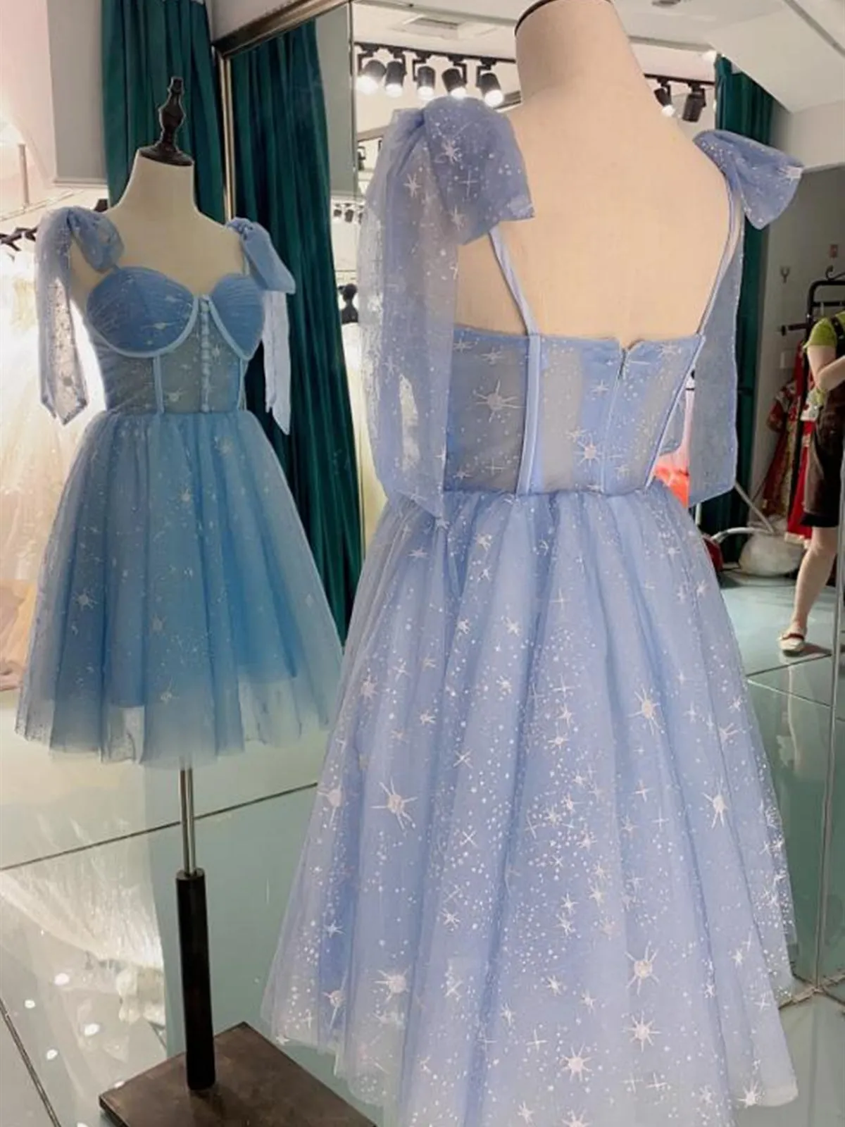 Shiny Short Blue Prom Dresses, Short Blue Formal Homecoming Dresses