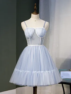 Short Blue Tulle Prom Dresses, Short Blue Graduation Homecoming Dresses