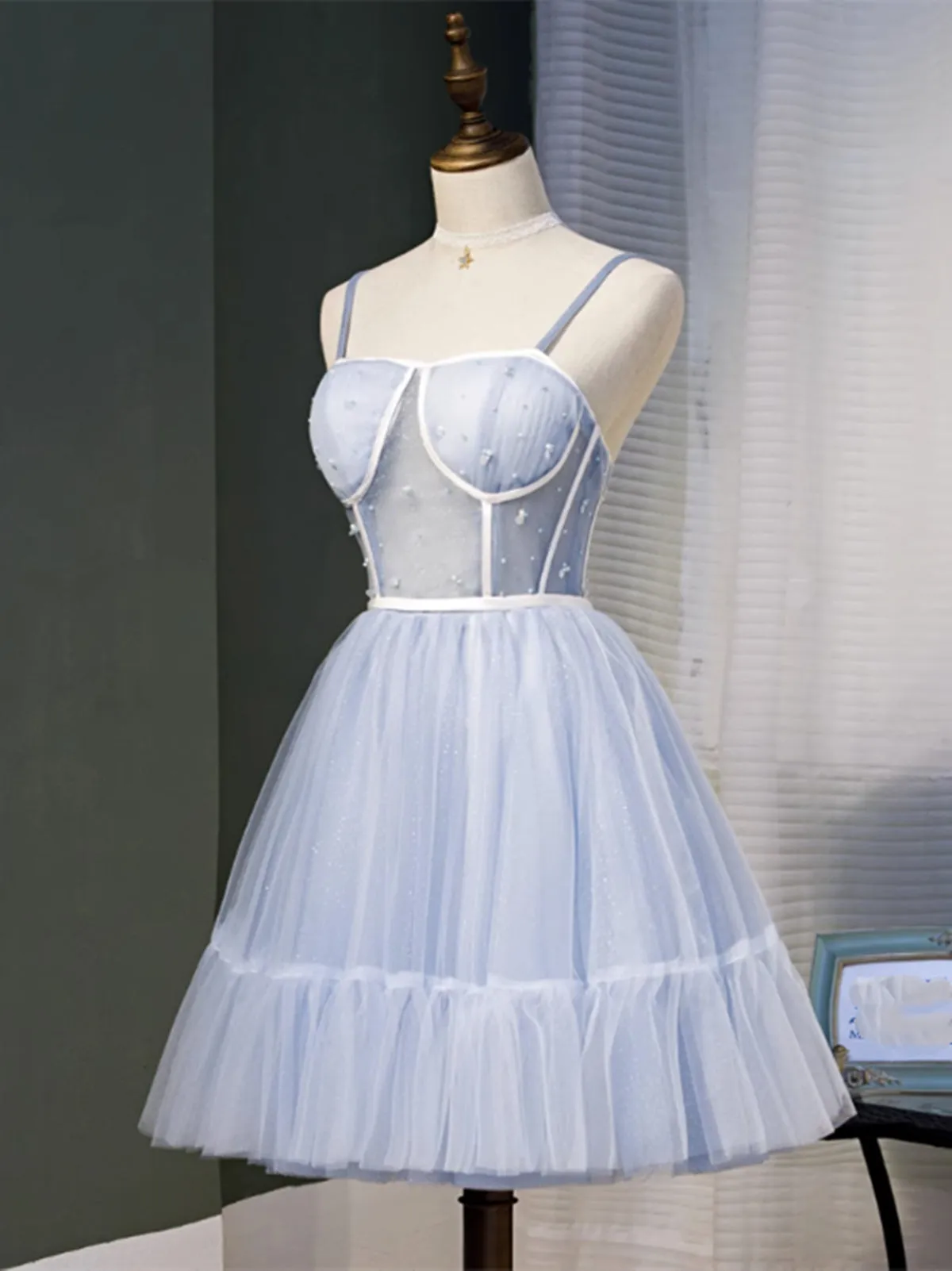 Short Blue Tulle Prom Dresses, Short Blue Graduation Homecoming Dresses