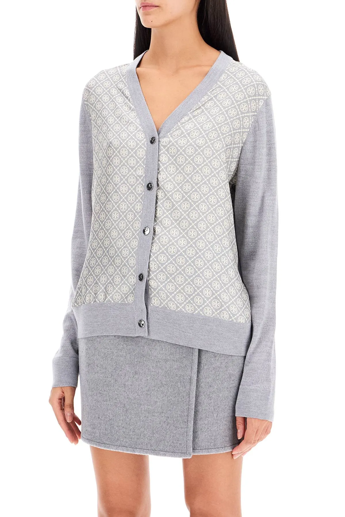silk insert cardigan with eight 154441 SHADOW GRAY MELANGE T MONOGRAM