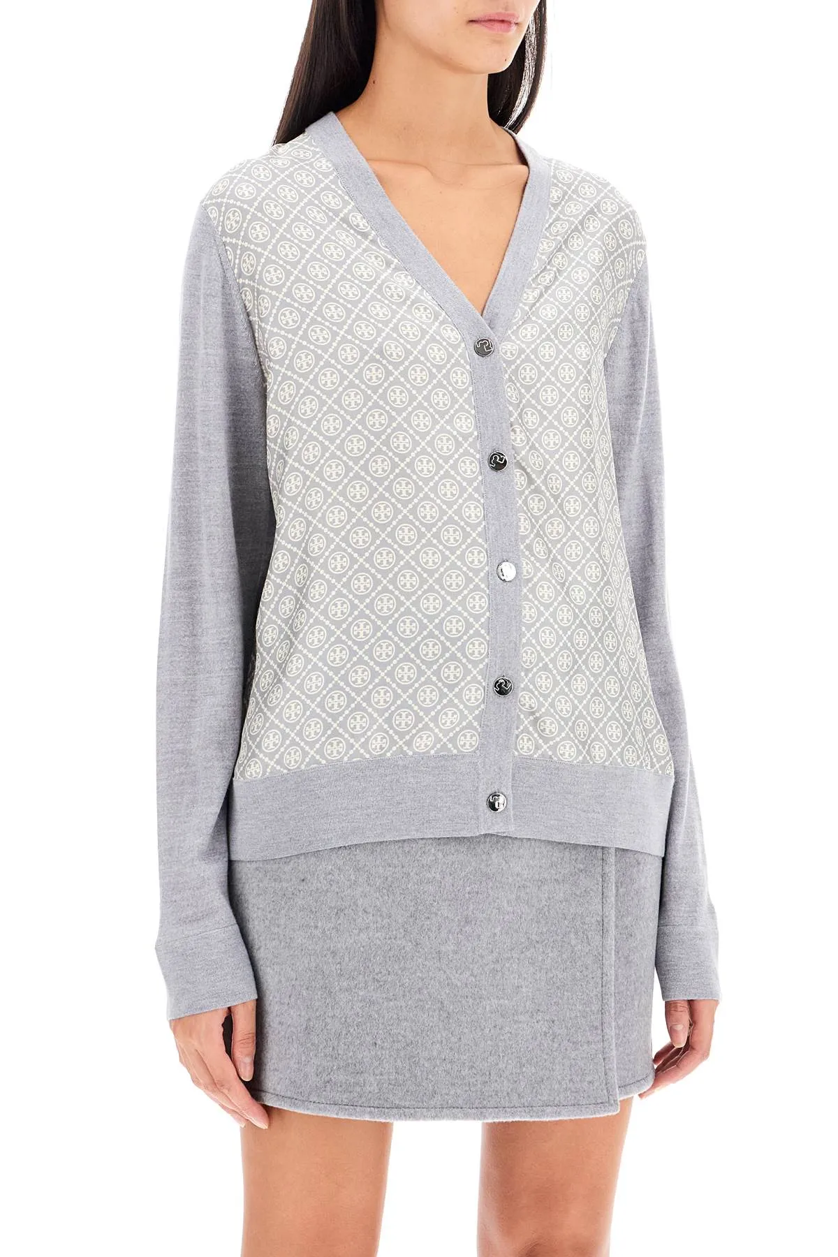 silk insert cardigan with eight 154441 SHADOW GRAY MELANGE T MONOGRAM
