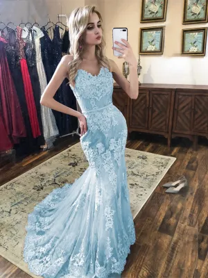 Spaghetti Straps Mermaid Blue Lace Prom Dresses, Mermaid Blue Lace Formal Evening Dresses