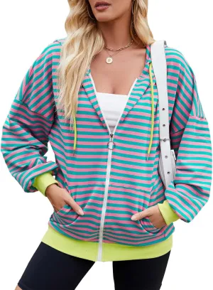Striped Hoodie for Women Y2k Oversized Zip Up Jackets with Pockets Casual Comfy Drawstring Hooded Sweatshirt Outfits
