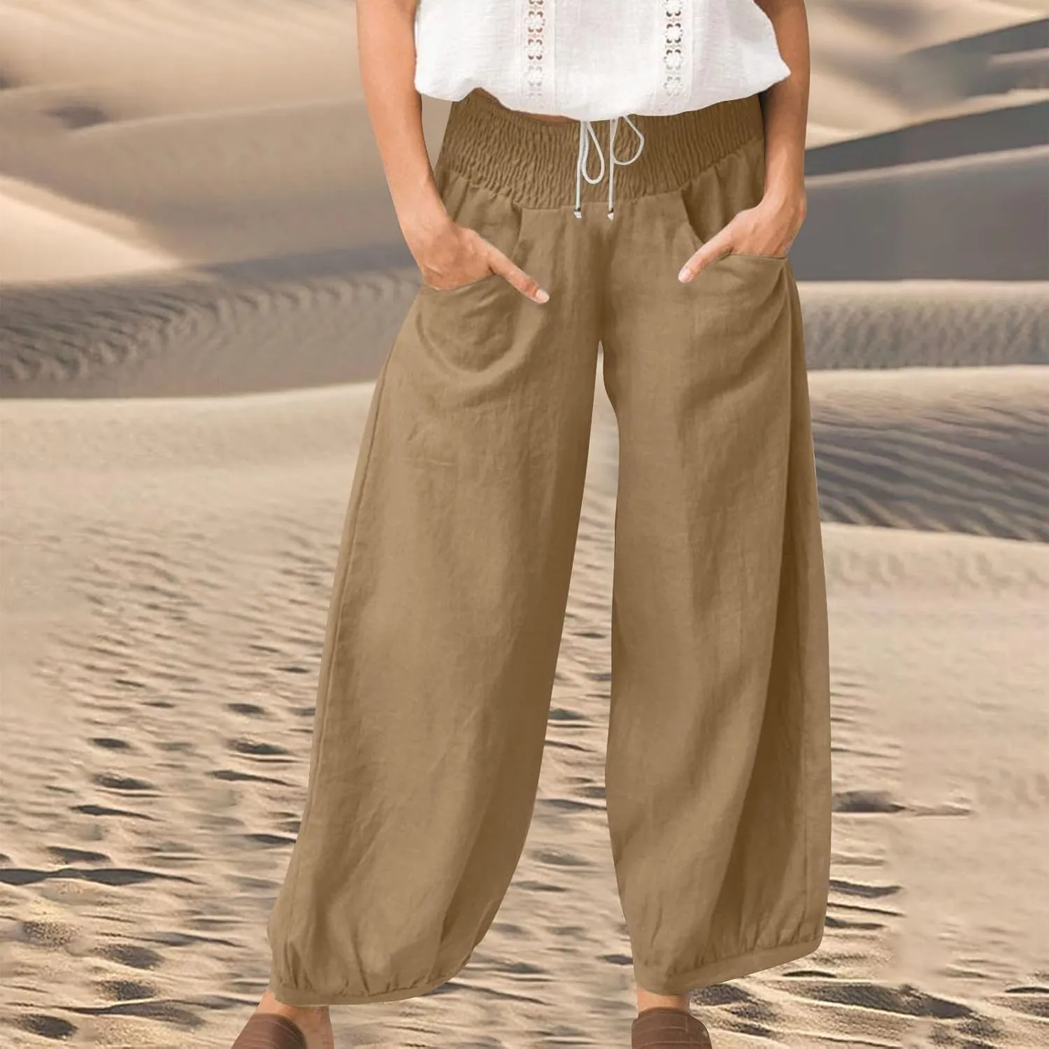 Summer Pants for Women Tall Wide Leg Elastic Waist Linen Pants with Pockets Flowy Loose Trendy Beach Vacation Trousers