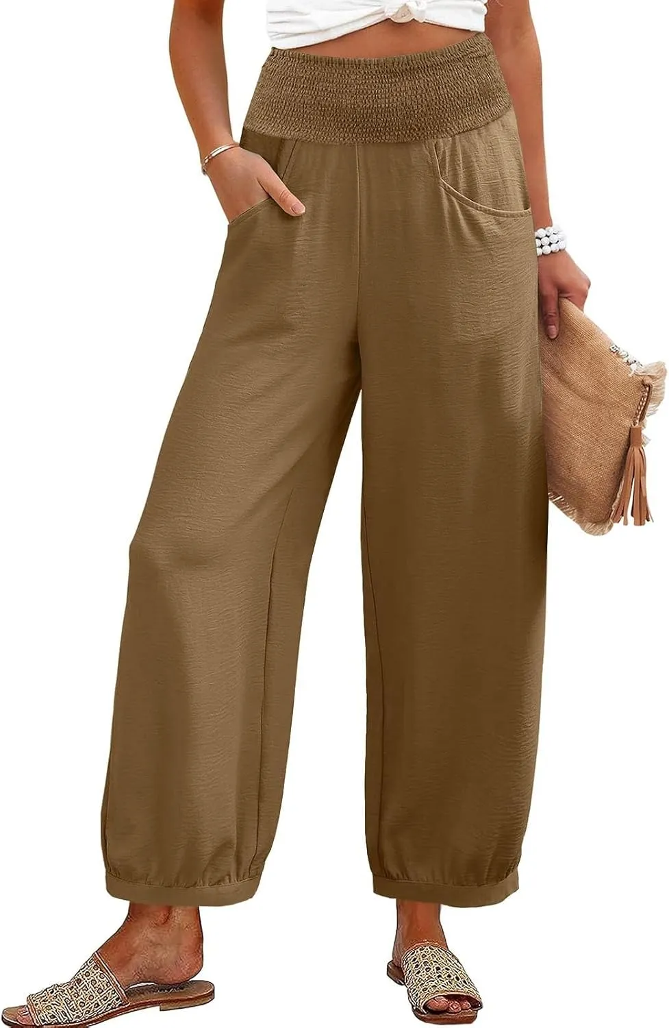 Summer Pants for Women Tall Wide Leg Elastic Waist Linen Pants with Pockets Flowy Loose Trendy Beach Vacation Trousers