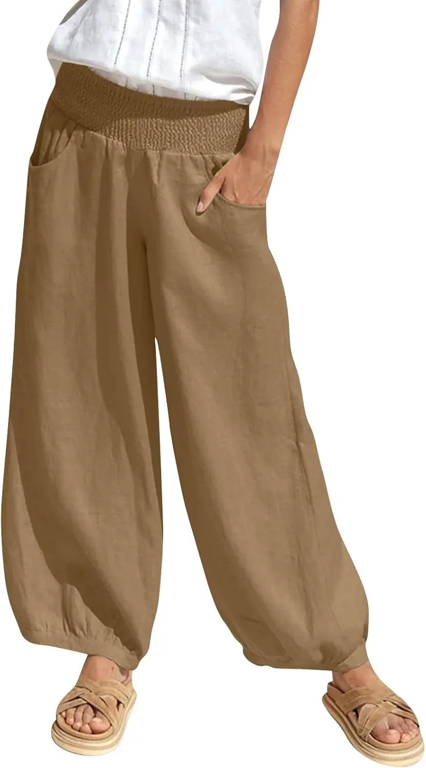 Summer Pants for Women Tall Wide Leg Elastic Waist Linen Pants with Pockets Flowy Loose Trendy Beach Vacation Trousers