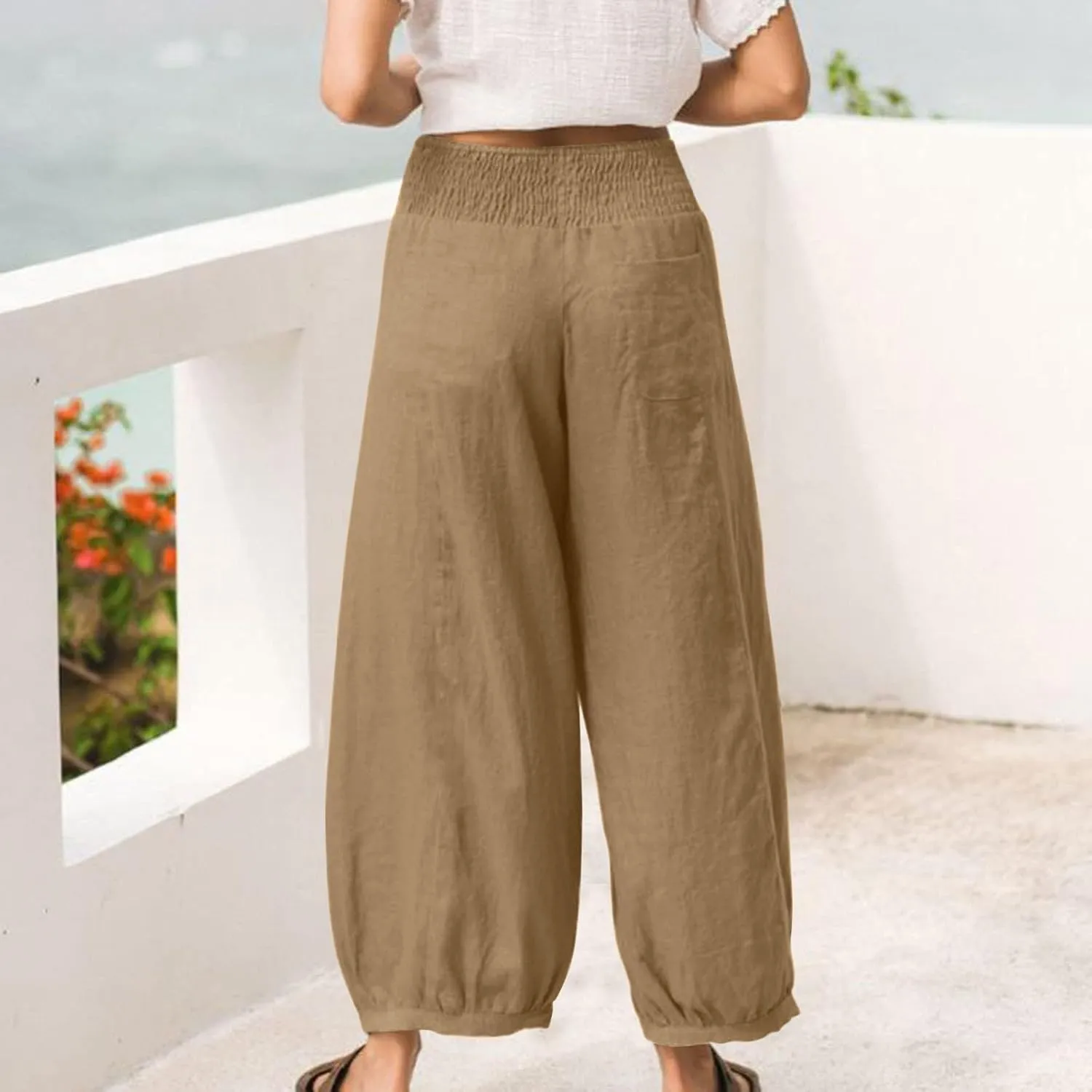 Summer Pants for Women Tall Wide Leg Elastic Waist Linen Pants with Pockets Flowy Loose Trendy Beach Vacation Trousers