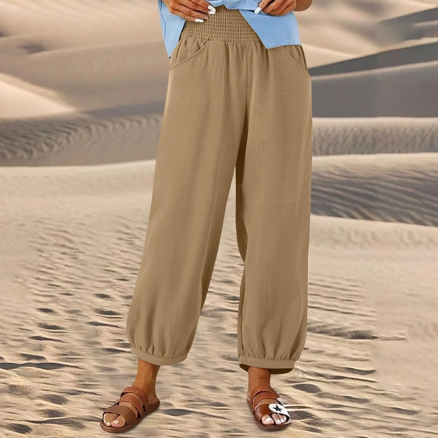 Summer Pants for Women Tall Wide Leg Elastic Waist Linen Pants with Pockets Flowy Loose Trendy Beach Vacation Trousers